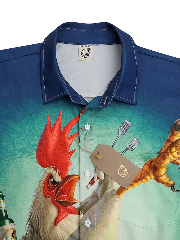 Kung fu Rooster Chest Pocket Short Sleeve Casual Shirt