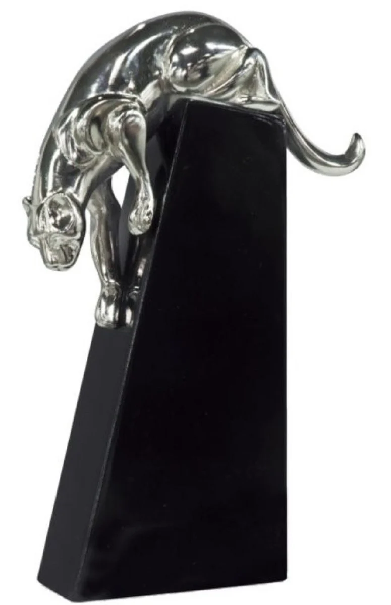 Casa Padrino figura de bronce de lujo pantera plata / negro 17 x 6 x H. 28 cm - Elegante Deco Figura sobre Base de Madera
