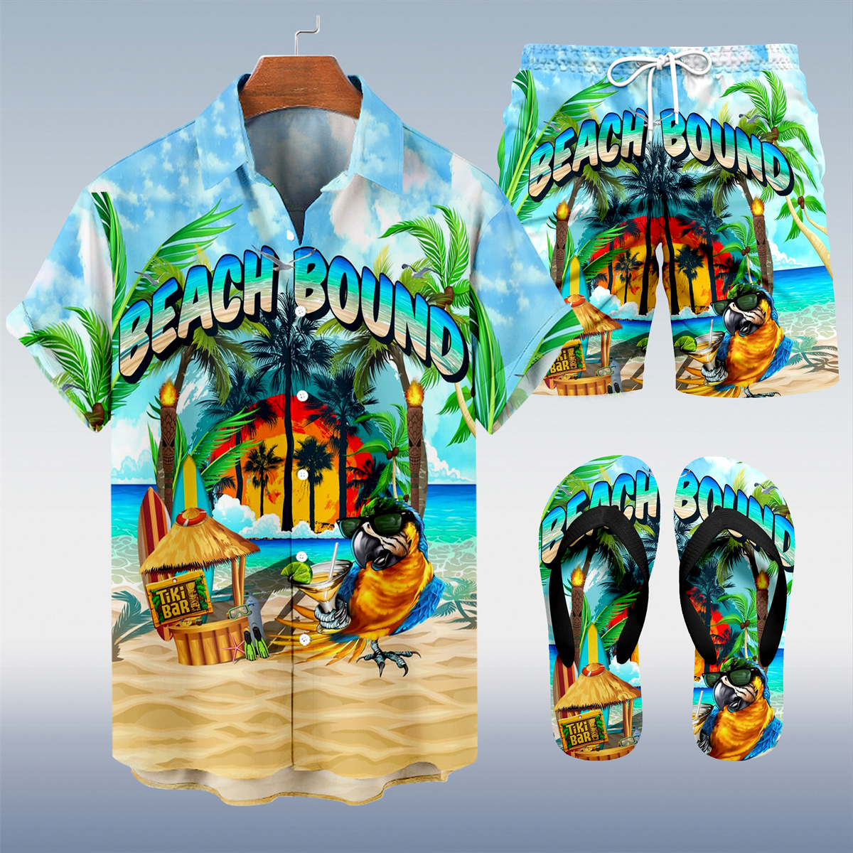 Suitmens Men's Tiki Party Hawaiian Vacation Print Three-Piece Set 027