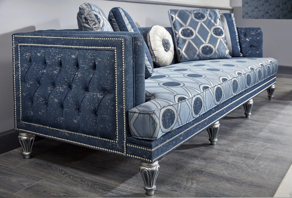 Casa Padrino conjunto de sala de estar barroco de lujo azul oscuro / azul claro / plata - Sof¨¢ y 2 Sillones y Mesa de Centro - Muebles de Sal¨®n Barrocos