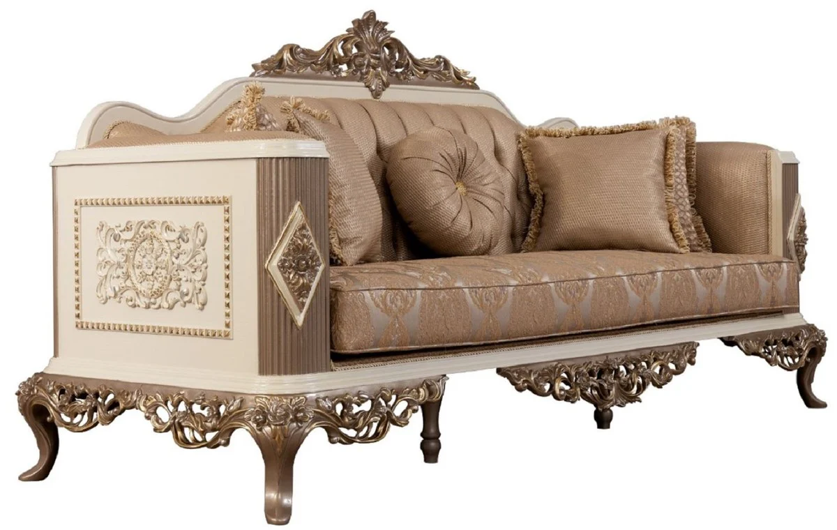 Casa Padrino sof¨¢ barroco de lujo marr¨®n / plata / blanco / marr¨®n / oro 234 x 93 x A. 124 cm - Magn¨ªfico sof¨¢ de sal¨®n hecho a mano con cojines decorativos - Muebles de sal¨®n barrocos