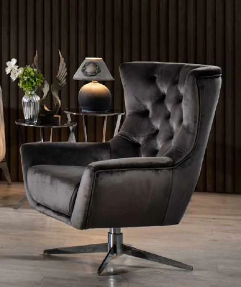 Casa Padrino Sill¨®n Giratorio Chesterfield de Lujo Gris / Plata 85 x 85 x A. 95 cm - Sill¨®n de Sal¨®n - Muebles de Sal¨®n Chesterfield