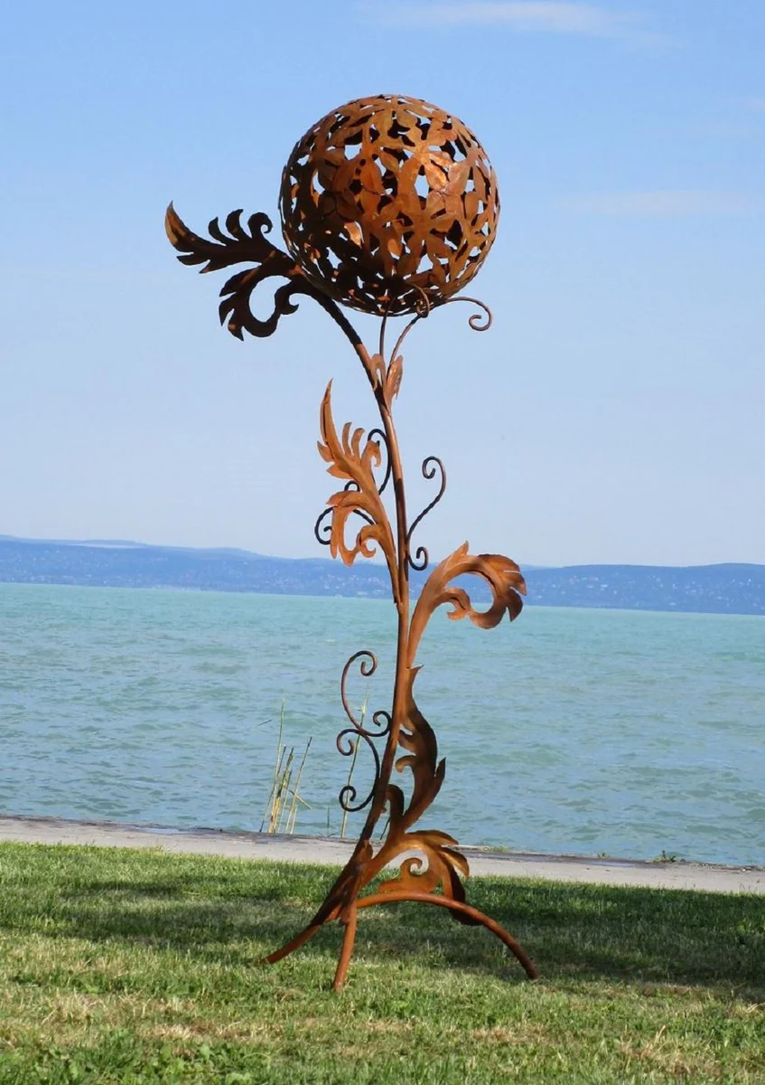 Casa Padrino escultura de jardín barroco de acero columna con bola óxido 85 x 82 x A. 200 cm - Decoración de jardín hecha a mano resistente a la intemperie