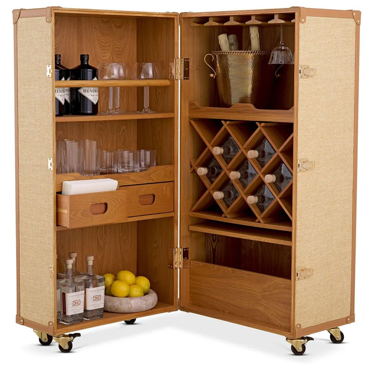 Casa Padrino armario de vino de lujo en dise?o de maleta natural / marr¨®n 59 x 59 x A. 122,5 cm - Armario maleta con ruedas - Muebles de bar - Muebles de lujo - Calidad de lujo