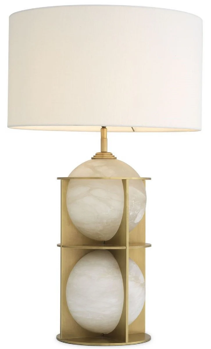 Casa Padrino lámpara de mesa de lujo latón antiguo / alabastro / blanco Ø 45 x A. 75 cm - Lámpara de escritorio moderna de metal con bolas de alabastro y pantalla redonda - Calidad de Lujo