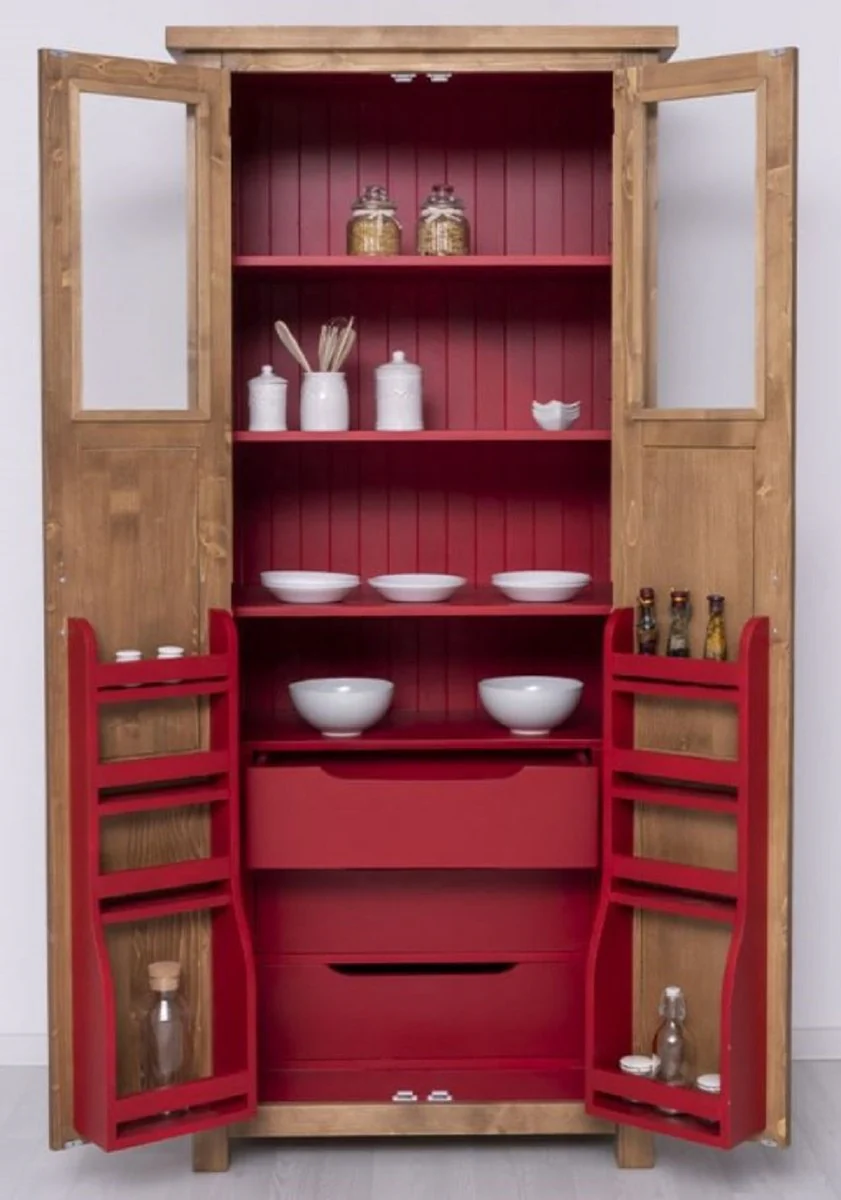 Casa Padrino armario de comedor de estilo campestre natural / rojo 96 x 65 x A. 220 cm - Armario de cocina de madera maciza con 2 puertas - Muebles de comedor en estilo campestre