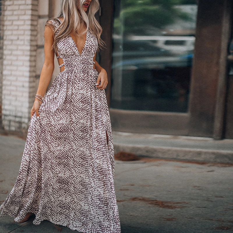 Fashion V-neck Sleeveless Slit Printed Dress