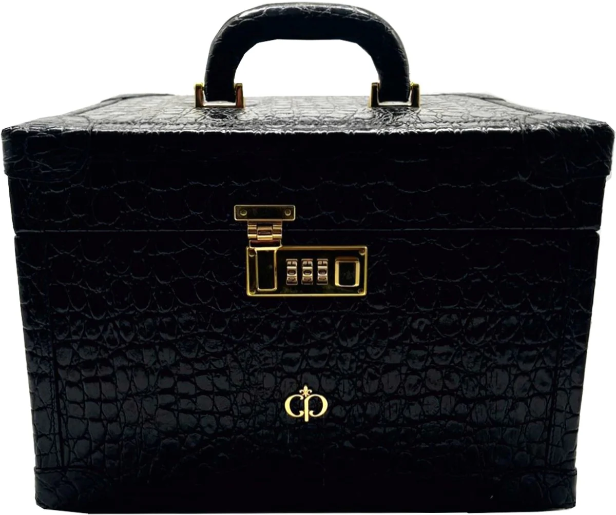 Casa Padrino neceser de maquillaje de lujo de piel aut¨¦ntica negro / oro 28 x 16 x A. 16 cm