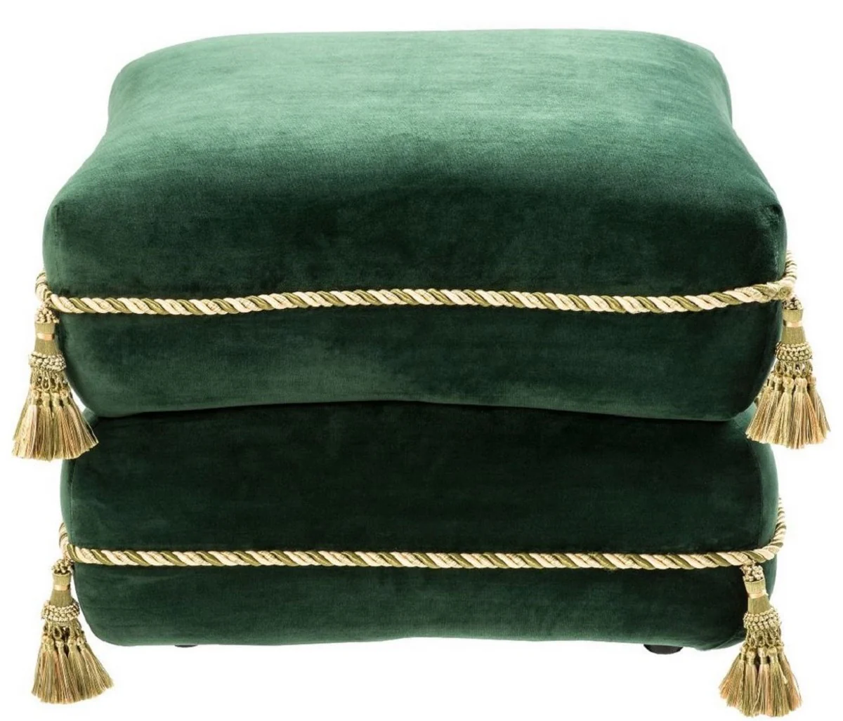 Casa Padrino taburete de lujo verde oscuro / oro / verde 57 x 57 x H. 42 cm - Taburete de Terciopelo Fino con Borlas - Muebles de Lujo