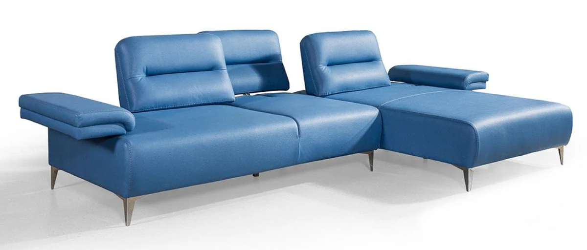 Casa Padrino sof¨¢ esquinero de cuero artificial de lujo azul / plata 285 x 182 cm - Muebles de sal¨®n