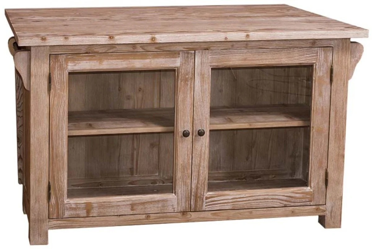Casa Padrino estilo rural isla de cocina natural 135 x 85 x H. 80 cm - Gabinete de Cocina de Estilo Rural con 2 Puertas de Vidrio