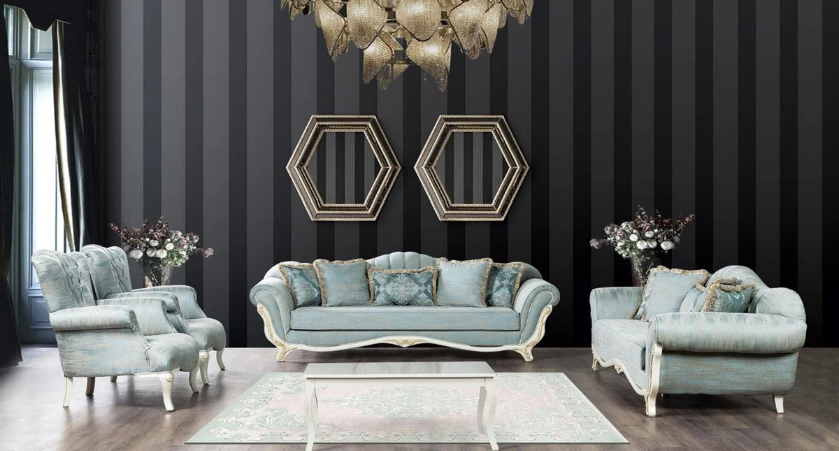 Casa Padrino conjunto de sala de estar barroco de lujo turquesa / blanco / oro - 2 Sof¨¢s Barrocos y 2 Sillones Barrocos y 1 Mesa de Centro Barroco - Muebles de Sal¨®n Barrocos