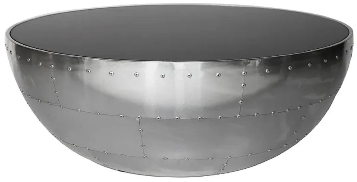 Casa Padrino mesa de centro de lujo plata / negro ? 82 x A. 34 cm - Mesa de sal¨®n redonda de aluminio con tapa de vidrio - Muebles de aviador de avi¨®n - Muebles de sal¨®n - Muebles de lujo