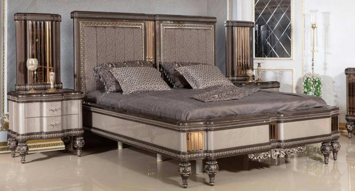 Casa Padrino conjunto de dormitorio barroco de lujo gris / marrón oscuro / oro - 1 Cama Doble Barroco con Cabecero y 2 Mesitas de Noche Barrocos - Muebles de dormitorio de lujo estilo barroco
