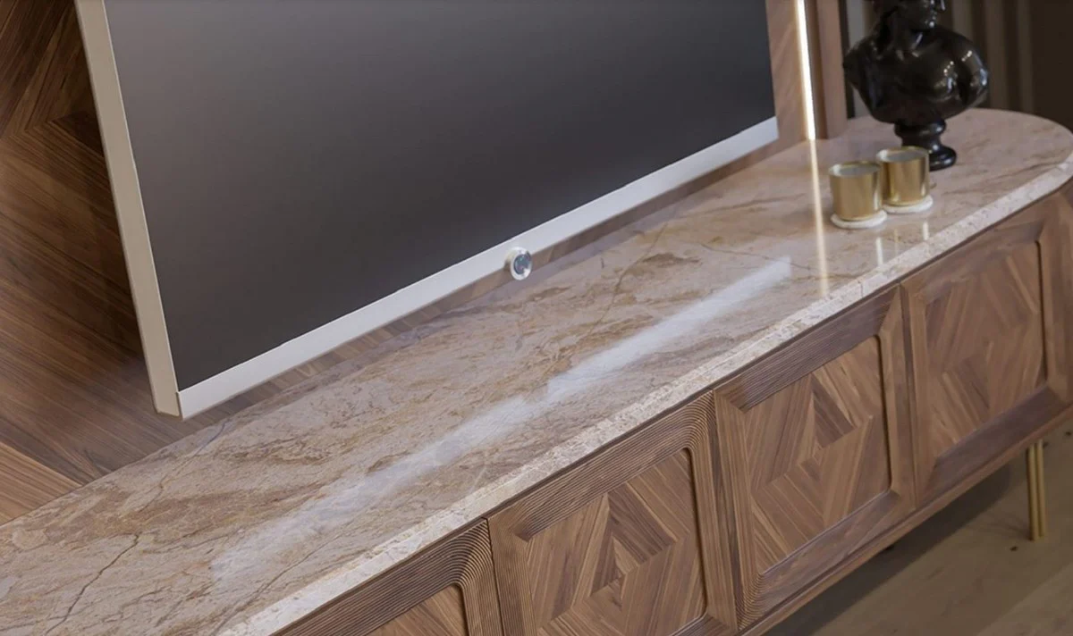 Casa Padrino conjunto de armario de TV de lujo marr¨®n / beige / lat¨®n - Aparador de sal¨®n con 4 puertas y pared trasera de TV iluminada - Muebles de sal¨®n - Muebles de hotel - Muebles de lujo