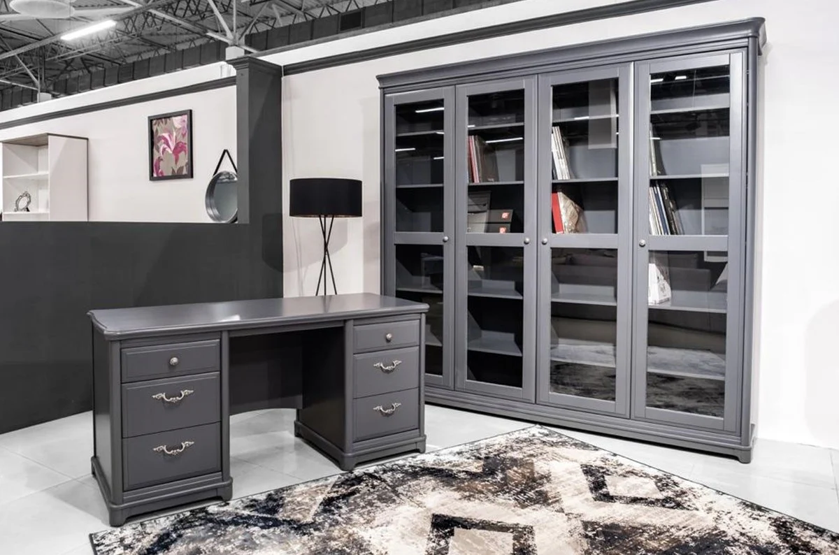 Casa Padrino armario de libros de estilo campestre con 4 puertas de vidrio gris 234,4 cm