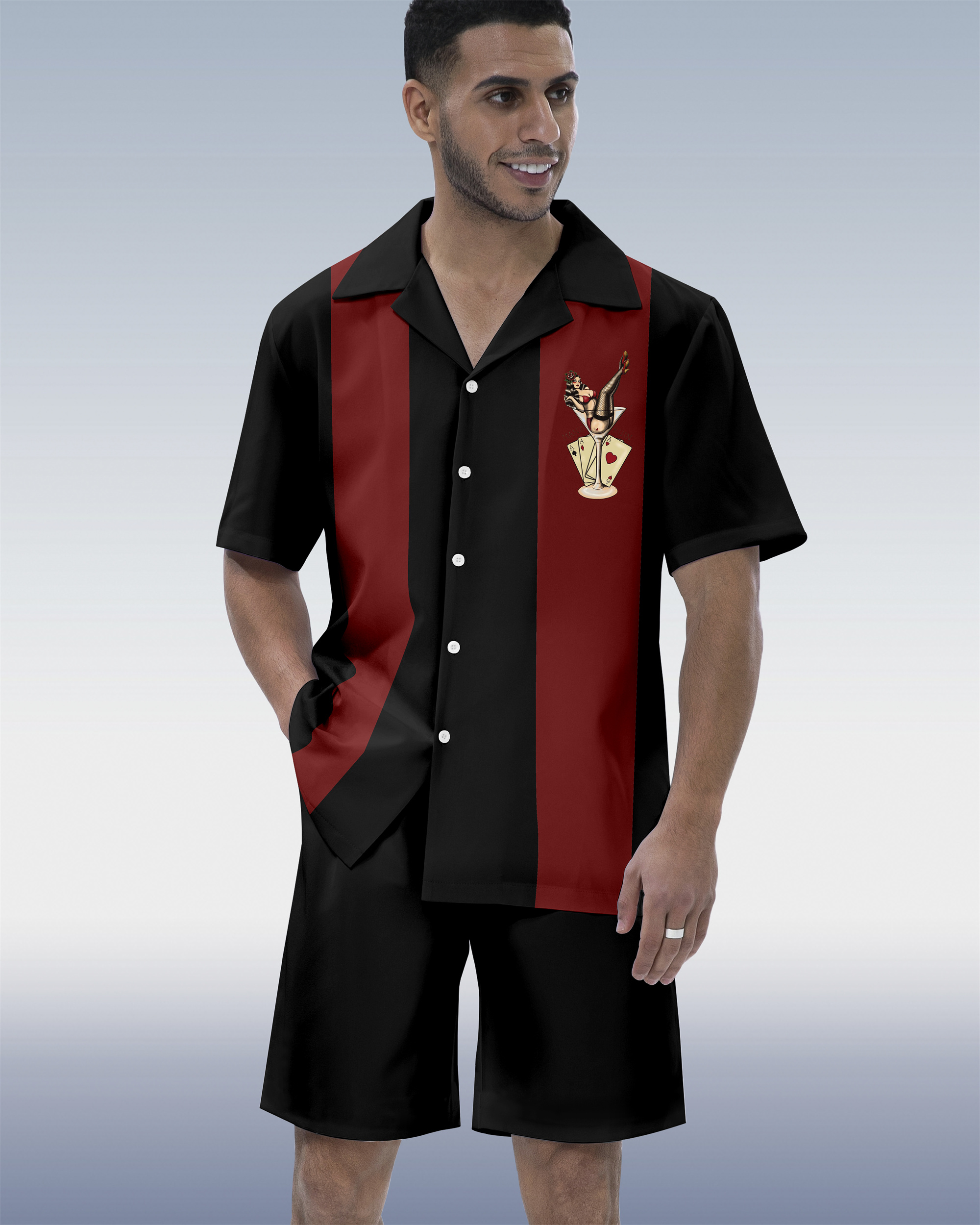 Men's Hawaiian Tiki Party Print Cuban Collar Short Sleeve Shirt Set 02