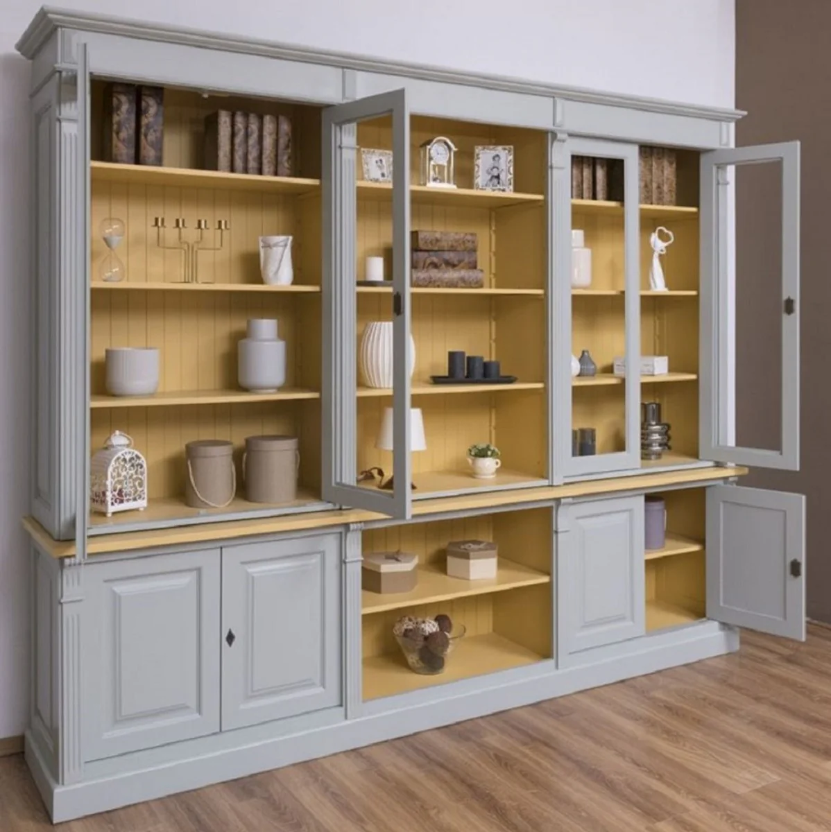 Casa Padrino armario de sala de estar estilo campestre gris / amarillo 286 x 51 x A. 228 cm - Armario de madera maciza - Armario de libros - Muebles de estilo campestre