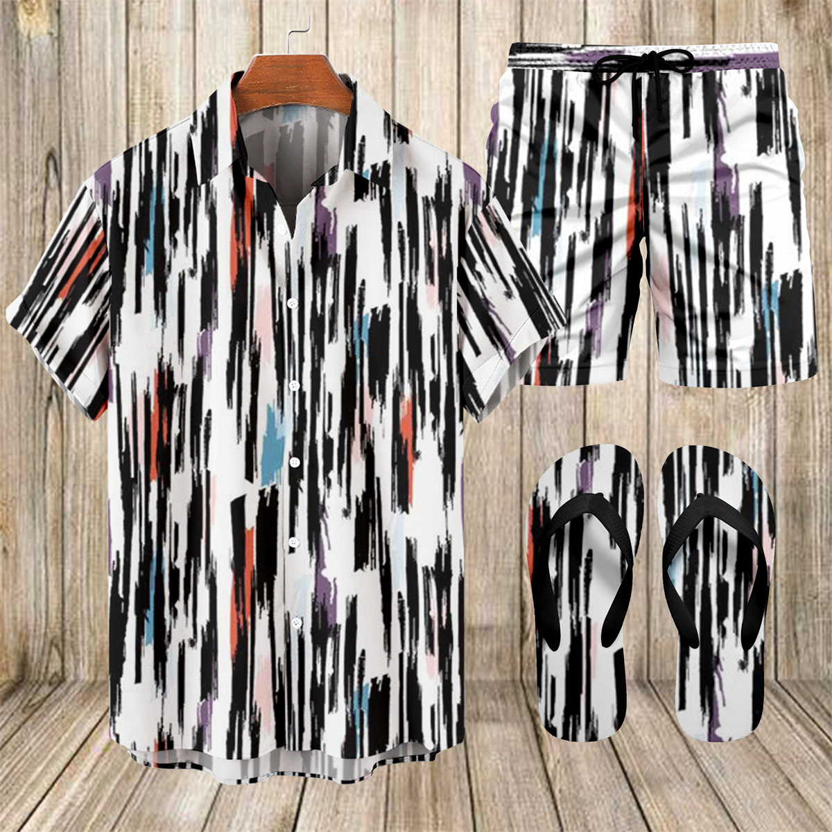 Suitmens Men's Tiki Party Hawaiian Vacation Print Three-Piece Set 015