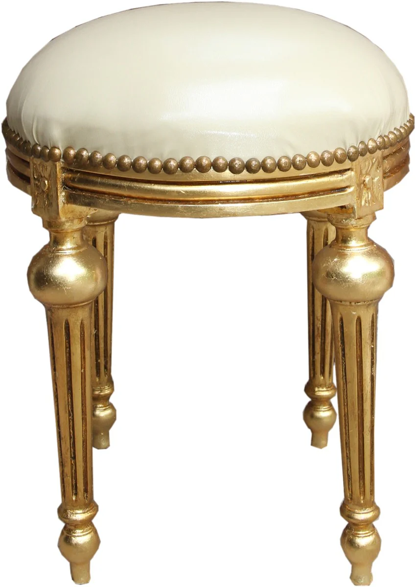 Casa Padrino Taburete de estilo barroco color cuero / Dorado - Taburete de estilo barroco redondo
