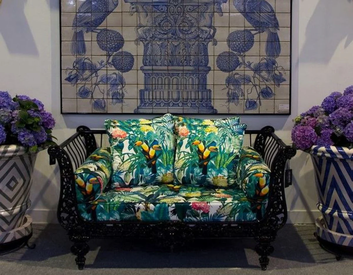 Casa Padrino sofá barroco de lujo negro / multicolor 137 x 87 x A. 77 cm - Sofá de hierro forjado forjado a mano con cojines - Sofá de Salón - Sofá de Jardín - Sofá de Patio - Muebles Barrocos