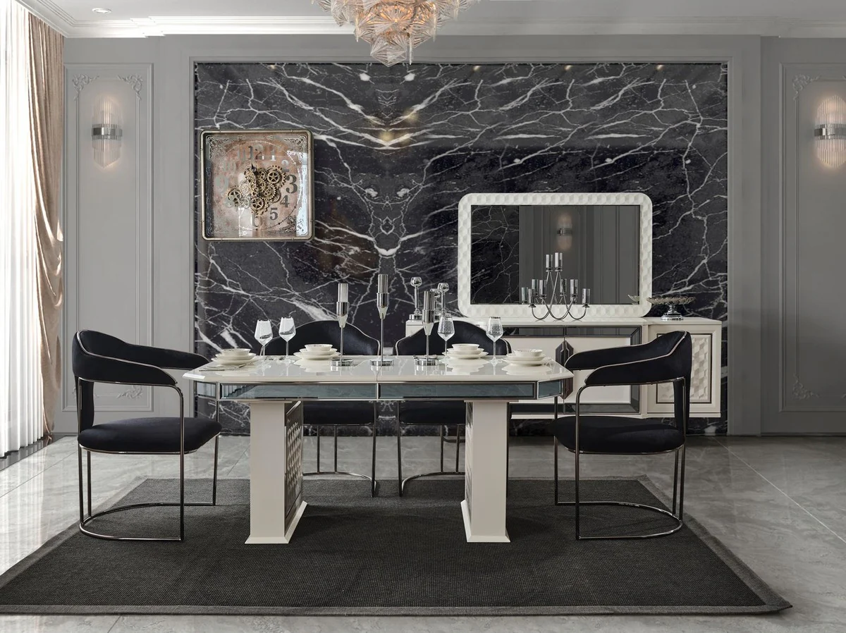 Casa Padrino conjunto de comedor Art Deco de lujo negro / blanco / bronce - 1 Mesa de Comedor Extensible y 6 Sillas de Comedor con Reposabrazos - Muebles de comedor - Muebles Art Deco de lujo