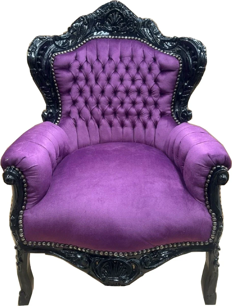 Casa Padrino sill¨®n barroco de terciopelo p¨²rpura / negro - Sill¨®n de sal¨®n de madera maciza hecho a mano - Sill¨®n de sal¨®n de estilo antiguo - Muebles de sal¨®n estilo barroco - Muebles barrocos