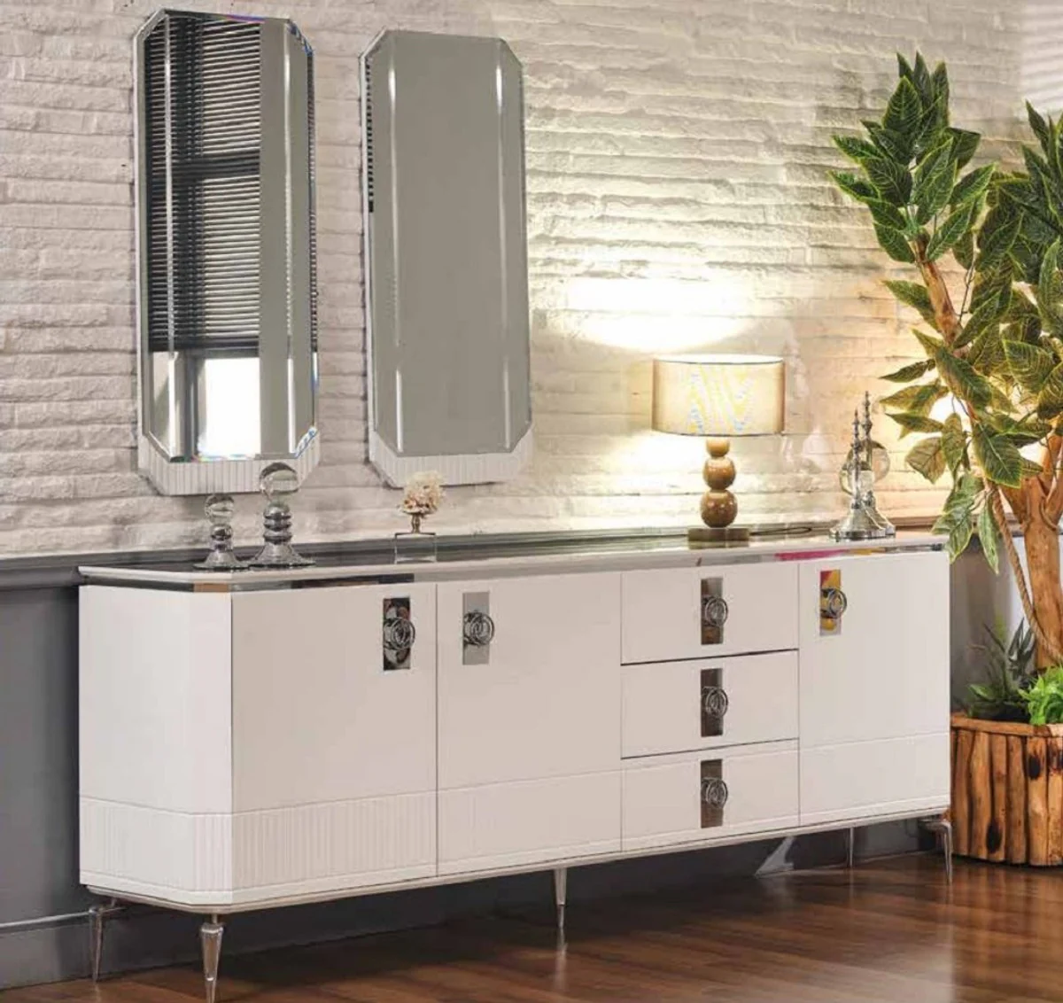 Casa Padrino aparador Art Deco de lujo blanco / plata 200 x 41 x A. 77 cm - Gabinete noble de madera maciza con 3 puertas y 3 cajones - Muebles Art Deco - Muebles de lujo