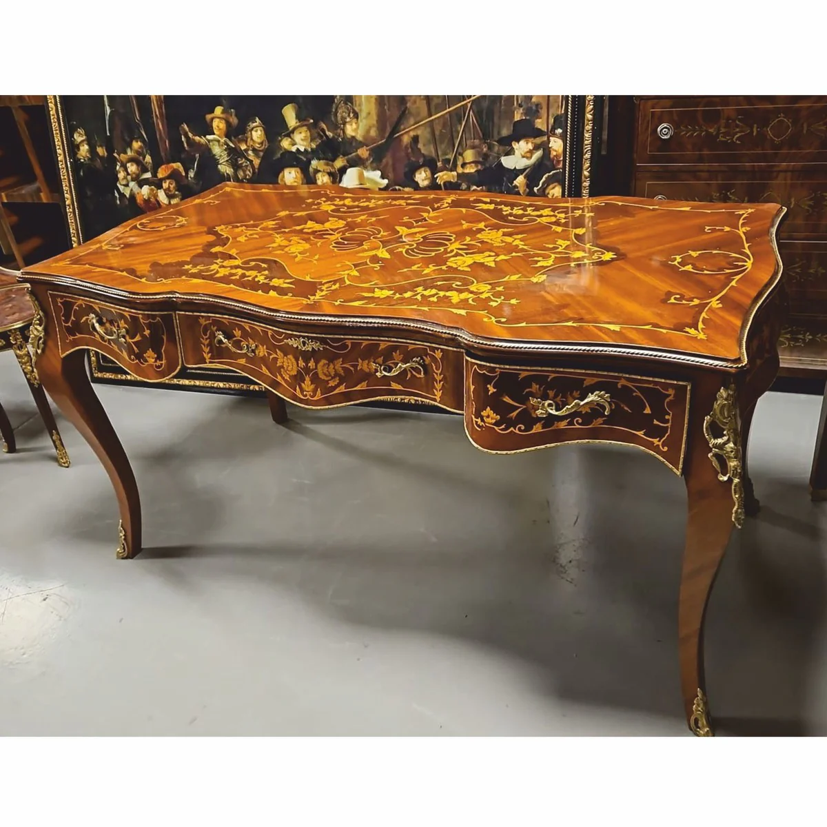 Casa Padrino secretario barroco con 3 cajones marr¨®n marqueter¨ªa / oro 160 cm - Muebles de oficina barroco