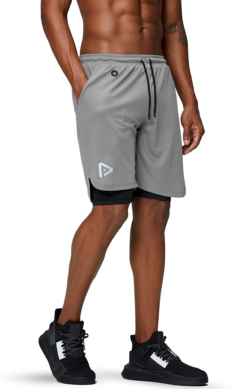 Men's 2 in 1 Running Shorts Gym Workout Quick Dry Mens Shorts with Phone Pocket