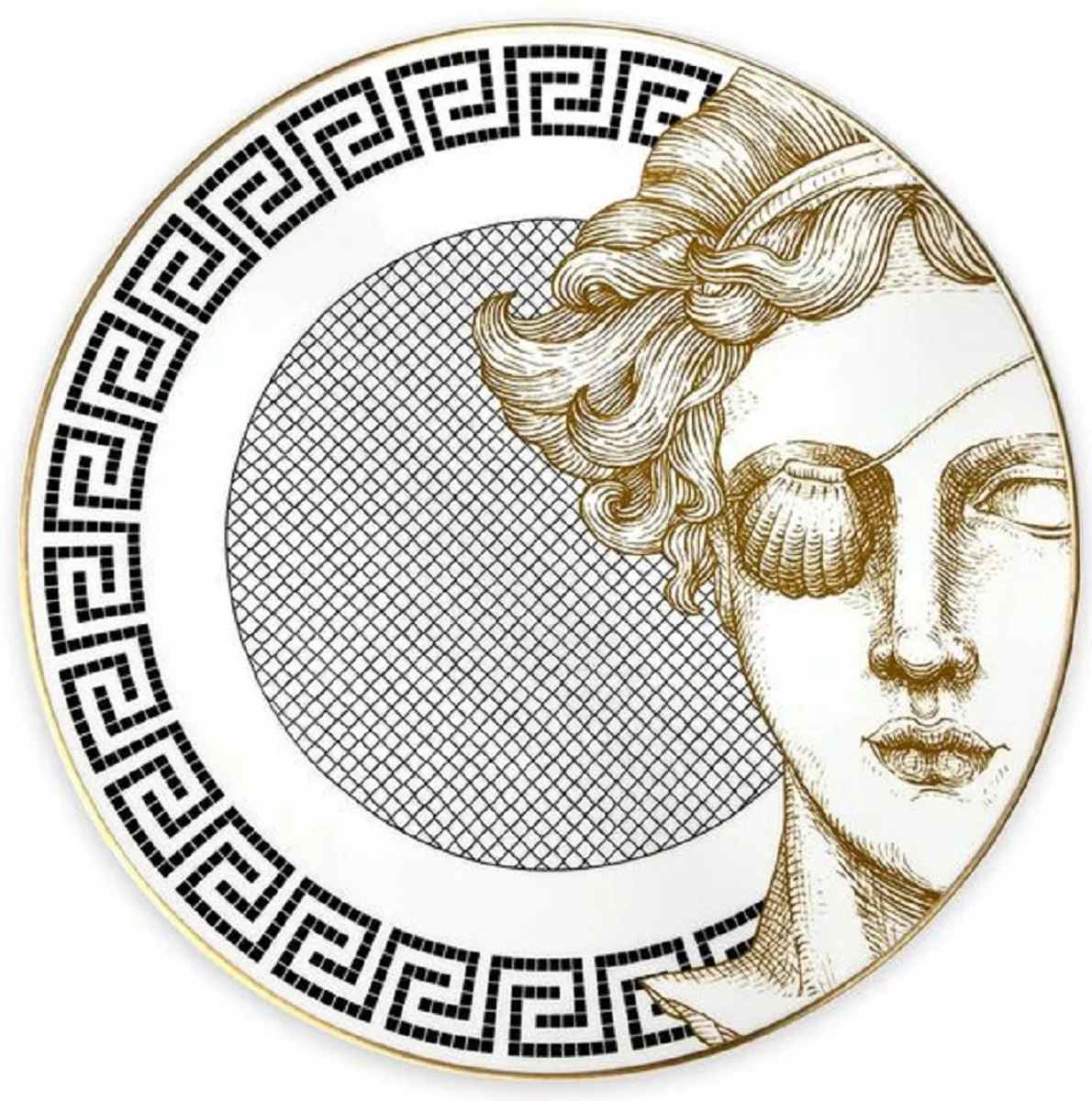 Casa Padrino plato de porcelana de lujo mujer con parche en el ojo blanco / negro / oro Ø 29 cm - Plato llano de porcelana pintado a mano - Calidad de lujo - Hecho en Italia