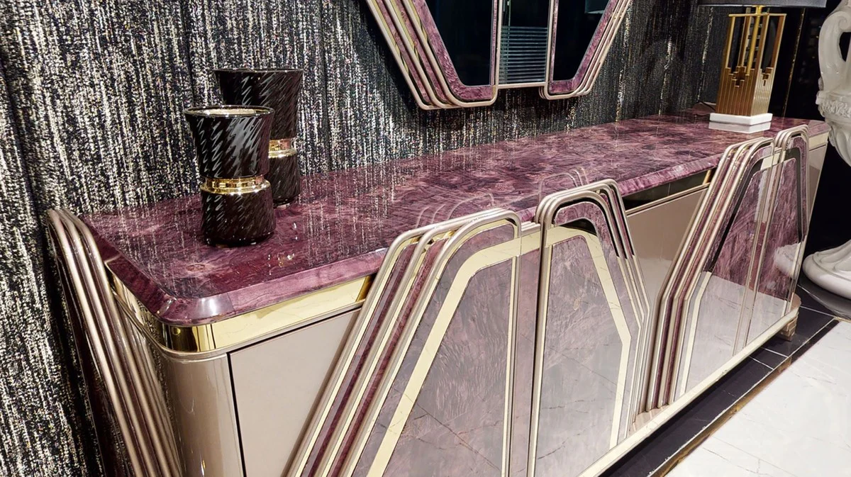 Casa Padrino aparador Art Deco de lujo púrpura / gris / oro - Magnífico armario de madera maciza con 4 puertas y aspecto de mármol - Muebles para Salón y Hotel Art Deco de Lujo