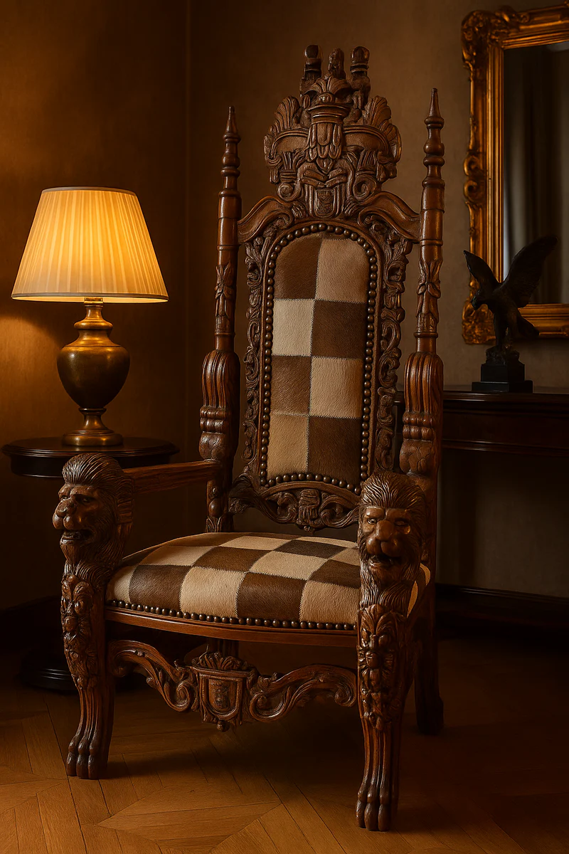 Casa Padrino sill¨®n de trono barroco con piel aut¨¦ntica multicolor / marr¨®n - Sill¨®n real hecho a mano - Sill¨®n de boda - Sill¨®n gigante - Magn¨ªficos muebles barrocos