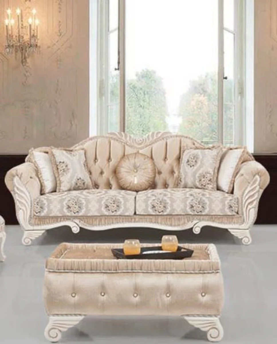 Casa Padrino sof¨¢ barroco de lujo beige / blanco 230 x 88 x A. 96 cm - Sof¨¢ de sal¨®n con dise?o floral y almohadas decorativas - Muebles Barrocos