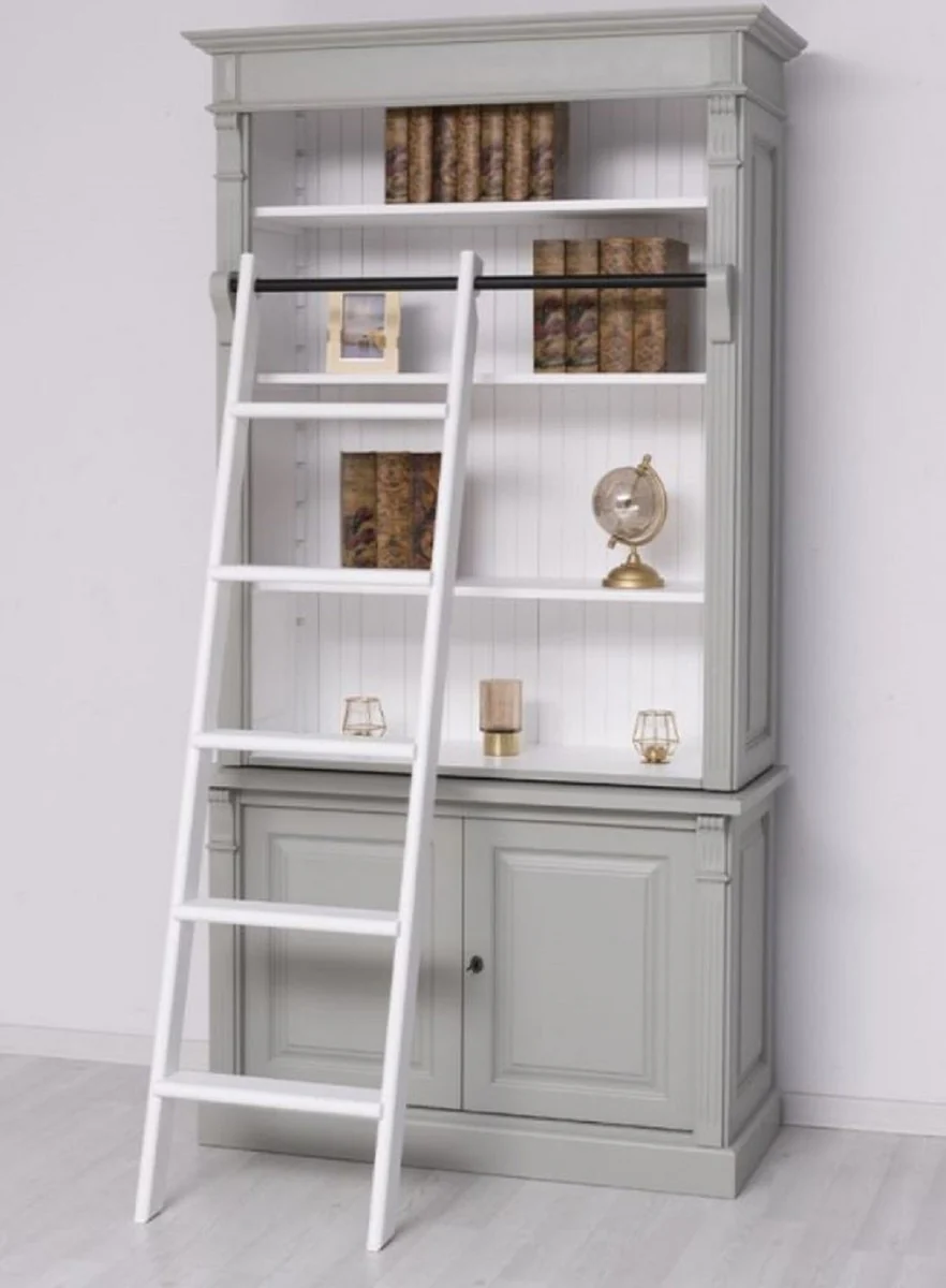 Casa Padrino armario de libros de estilo campestre con escalera gris / blanco 120 x 51 x A. 228 cm - Armario de Sala de Estar de Madera Maciza - Armario de Oficina - Muebles de Estilo Campestre