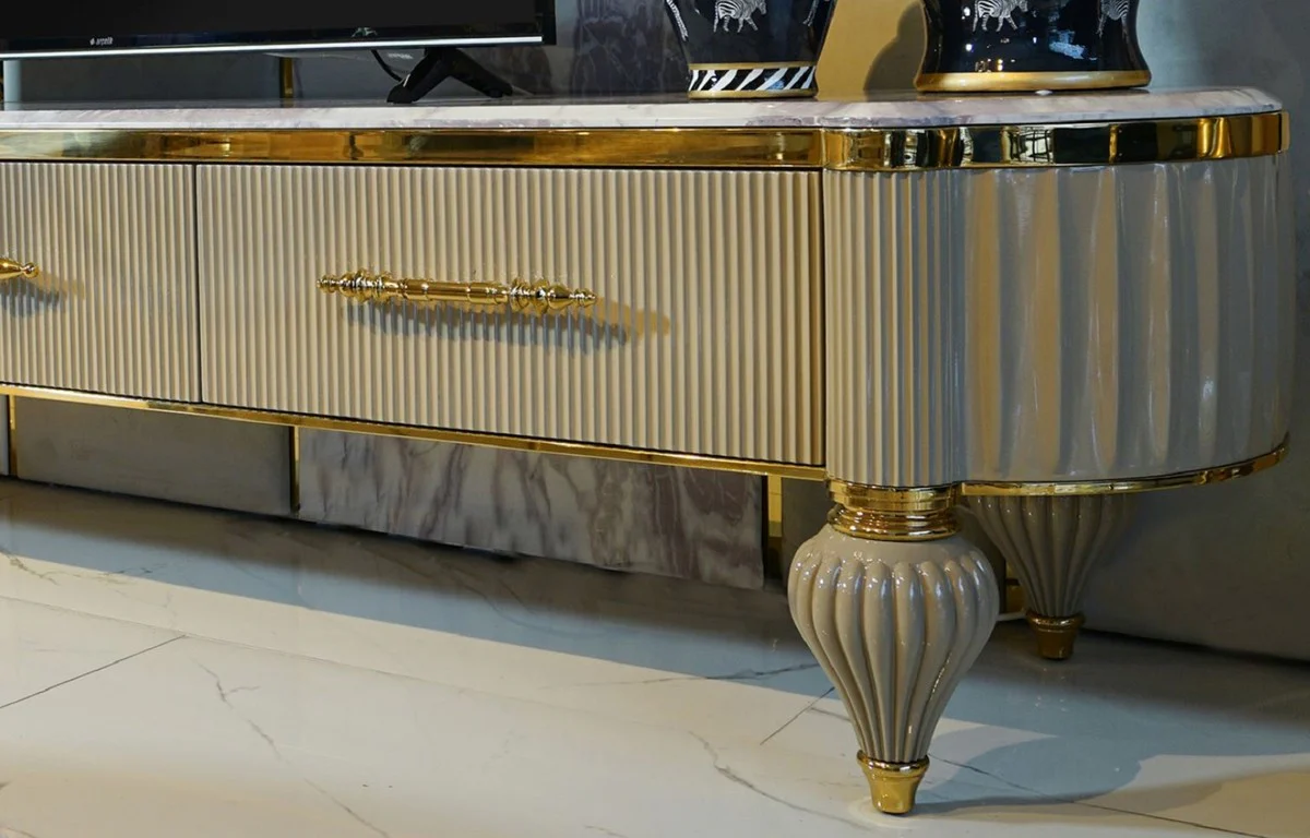 Casa Padrino gabinete TV Art Deco de lujo blanco / gris / oro - Aparador hecho a mano de madera maciza con 3 cajones - Muebles de Sal¨®n y Hotel Art Deco de Lujo