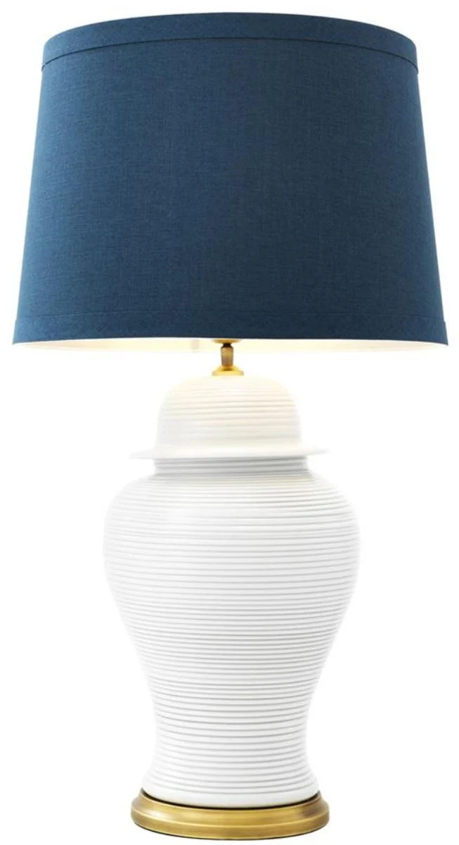 Casa Padrino lámpara de mesa de porcelana de lujo blanca / latón antiguo / azul Ø 50 x H. 88 cm - Colección de Lujo