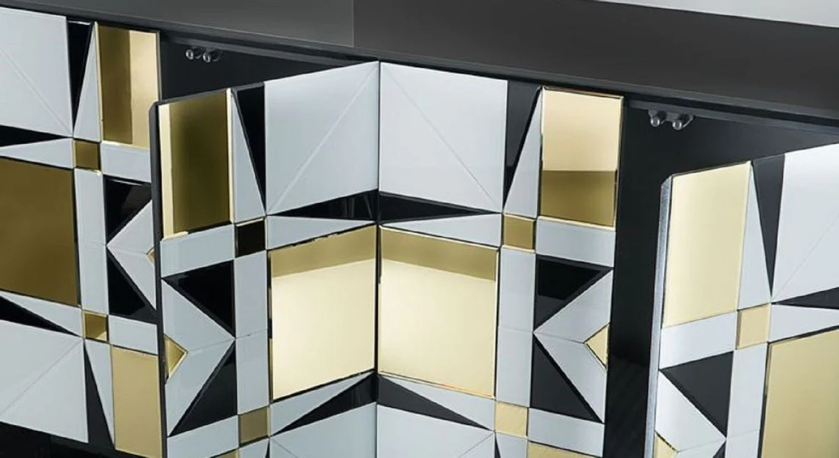 Casa Padrino aparador de lujo negro / blanco / oro 140 x 45 x A. 80 cm - Armario de madera maciza con 4 puertas espejadas - Muebles de Lujo