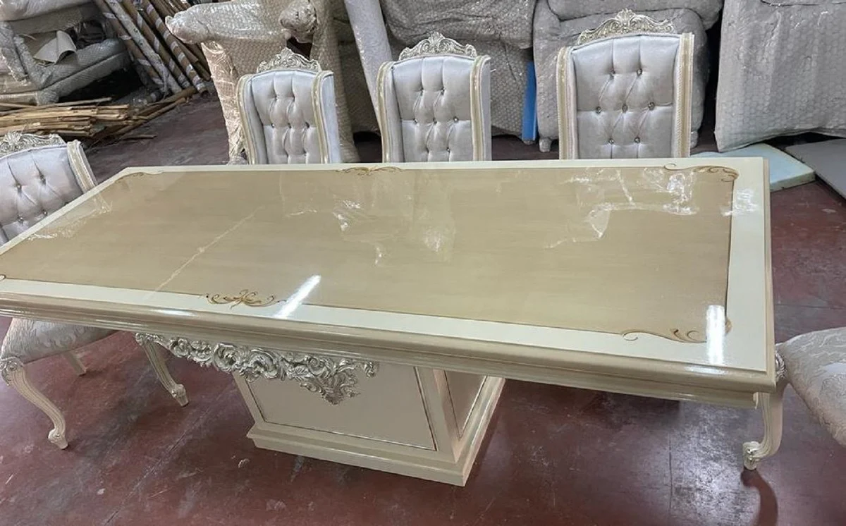 Casa Padrino conjunto de comedor barroco de lujo plata / beige / blanco - 1 Mesa de Comedor Barroco y 6 Sillas de Comedor Barrocos - Muebles de comedor de lujo estilo barroco