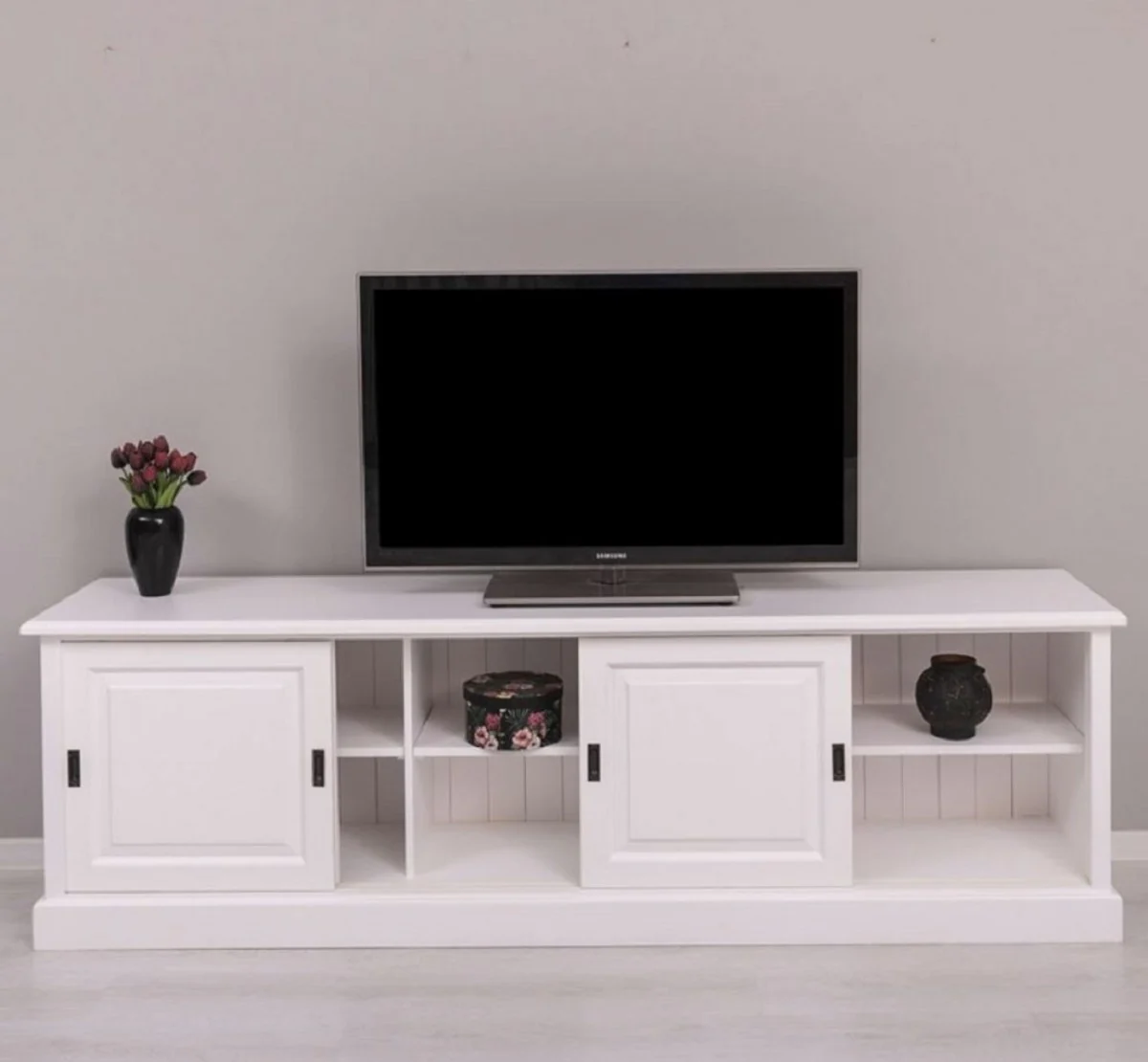 Casa Padrino armario de TV de estilo campestre blanco 230 x 46 x A. 70 cm - Aparador de madera maciza - Muebles de salón de estilo campestre