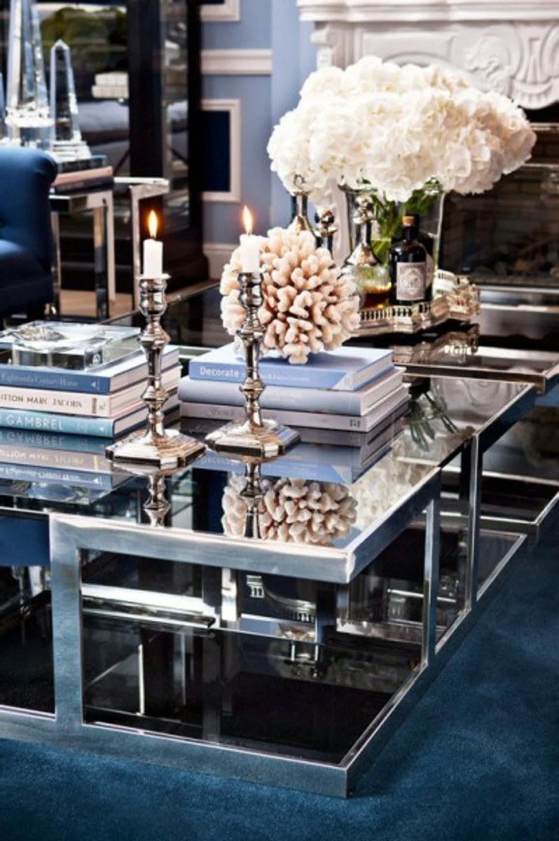 Casa Padrino luxury Art Deco designer coffee table polished stainless steel with tinted glass 100 x 100 cm - Luxury Collection