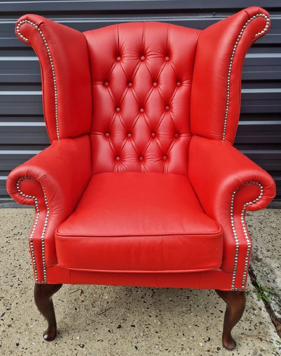 Casa Padrino sill¨®n orejero Chesterfield de lujo rojo / marr¨®n oscuro 98 x 90 x A. 110 cm - Sill¨®n de sal¨®n Chesterfield de cuero genuino - Muebles de Sal¨®n Chesterfield de Lujo de Cuero