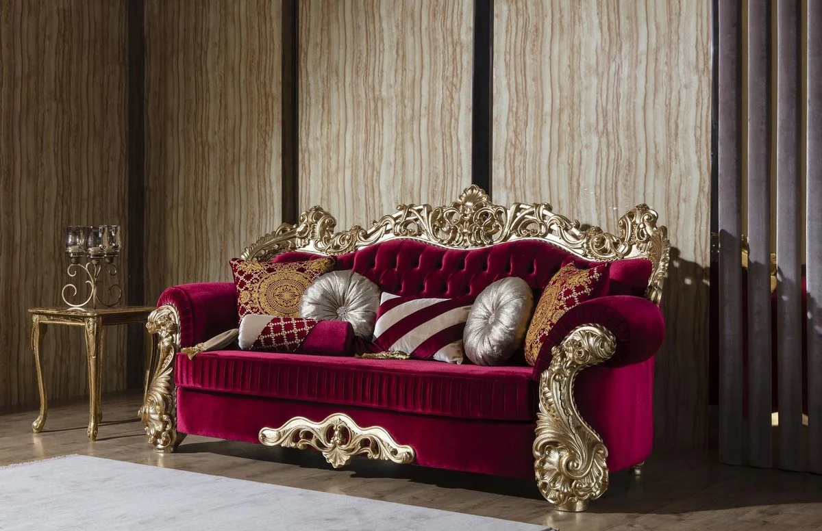 Casa Padrino sof¨¢ barroco de lujo rojo burdeos / oro 244 x 95 x A. 123 cm - Magn¨ªfico sof¨¢ de sal¨®n con cojines decorativos - Muebles de sal¨®n barrocos