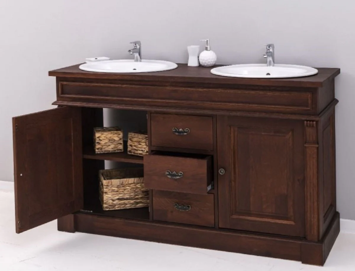 Casa Padrino mesa de lavabo doble estilo campestre con 2 lavabos de cerámica marrón oscuro / blanco 150 x 51 x A. 91 cm - Muebles de baño de madera maciza en estilo campestre