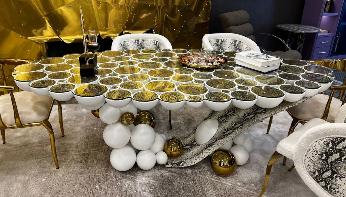 Casa Padrino mesa de comedor de dise?o de lujo con tapa de vidrio blanco / oro / negro 230 x 120 x A. 76 cm - Muebles de comedor - Muebles de lujo - Muebles de dise?o