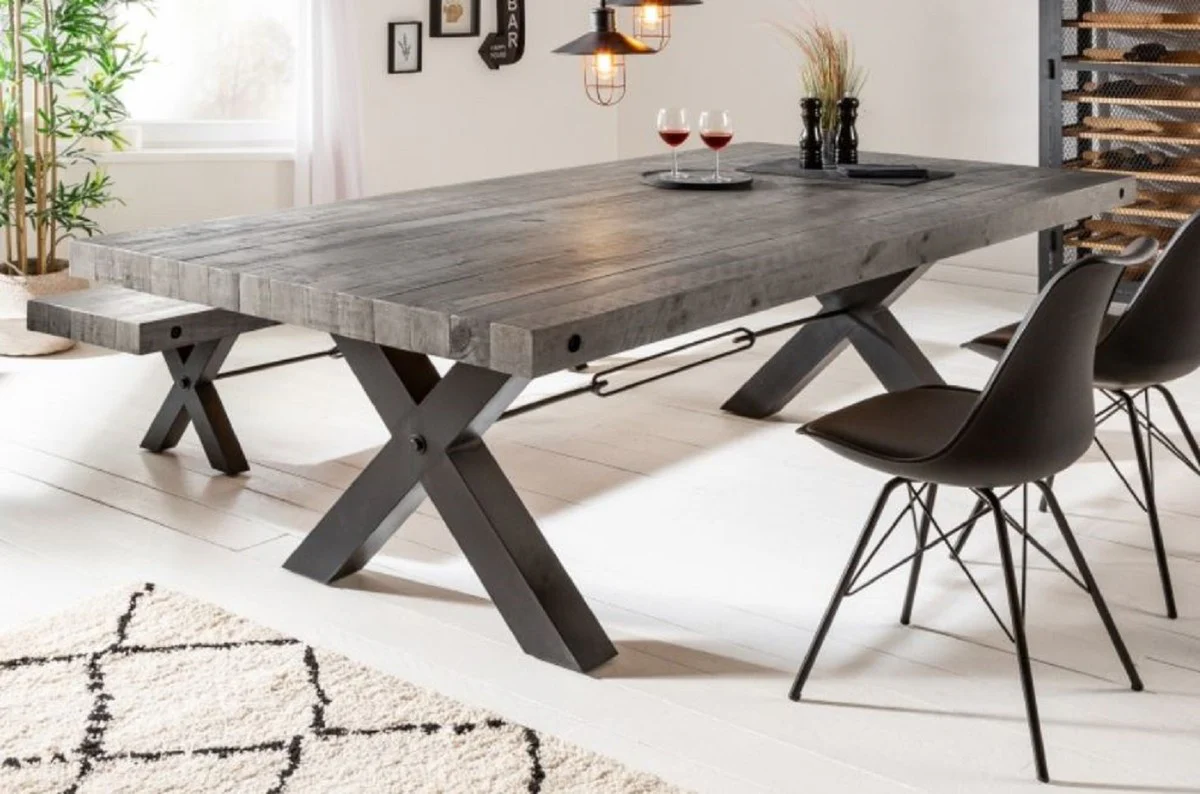 Casa Padrino mesa de comedor de dise?o industrial gris / negro 200 x 100 x A. 76 cm - Mesa de cocina de madera maciza de dise?o industrial - Muebles de Comedor