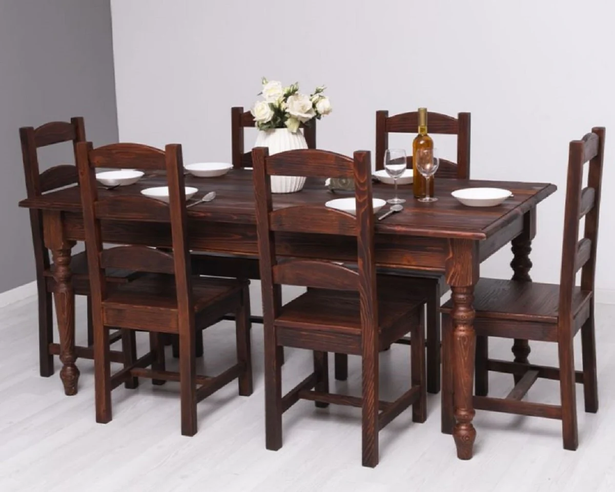 Casa Padrino conjunto de muebles de comedor de estilo campestre marr¨®n oscuro - 1 Mesa de Comedor y 6 Sillas de Comedor - Muebles de comedor de madera maciza de estilo campestre
