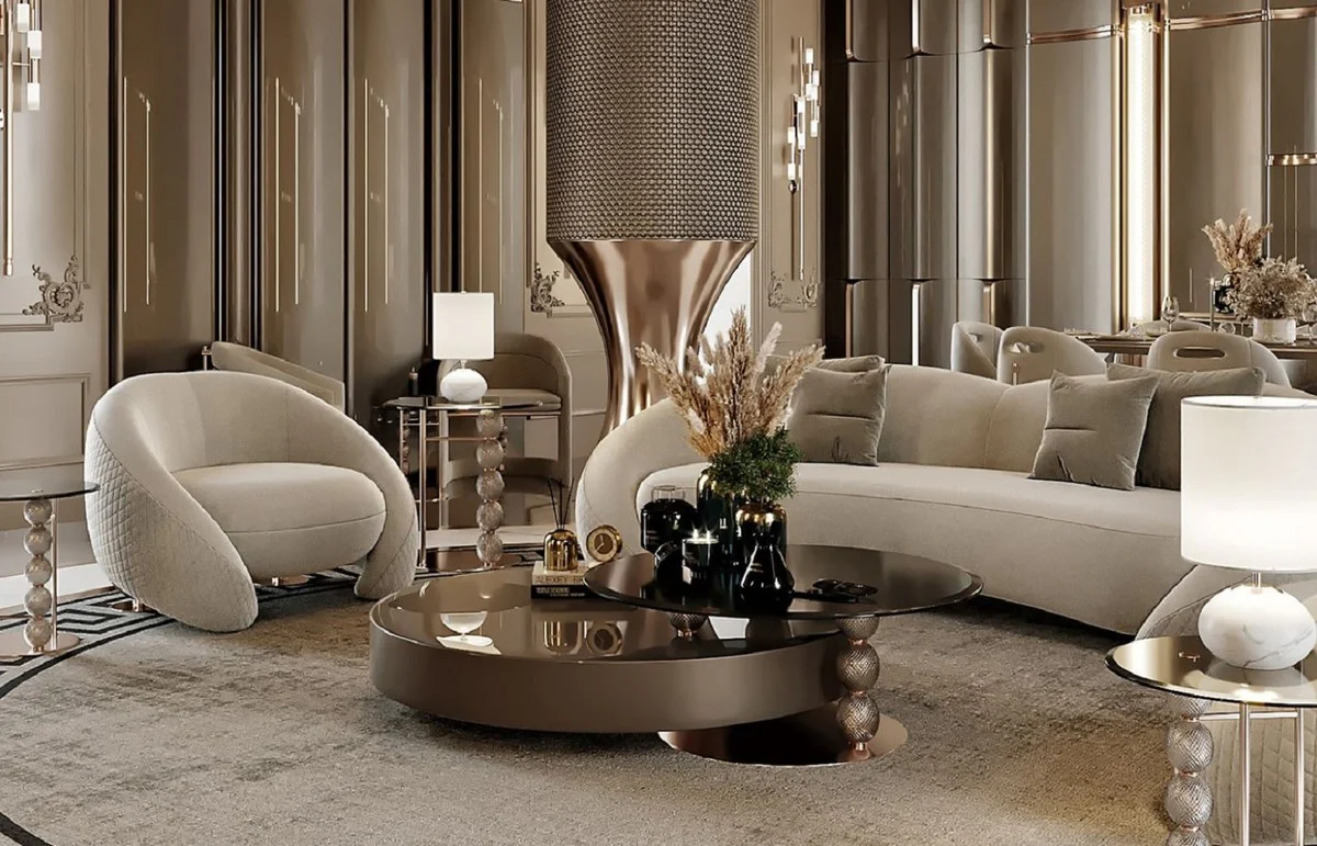 Casa Padrino mesa de centro de lujo gris / cobre / negro 151 x 120 x A. 35,3 cm - Mesa de sal¨®n con tapa de vidrio - Muebles de sal¨®n - Muebles de hotel - Muebles de lujo - Interiores de lujo