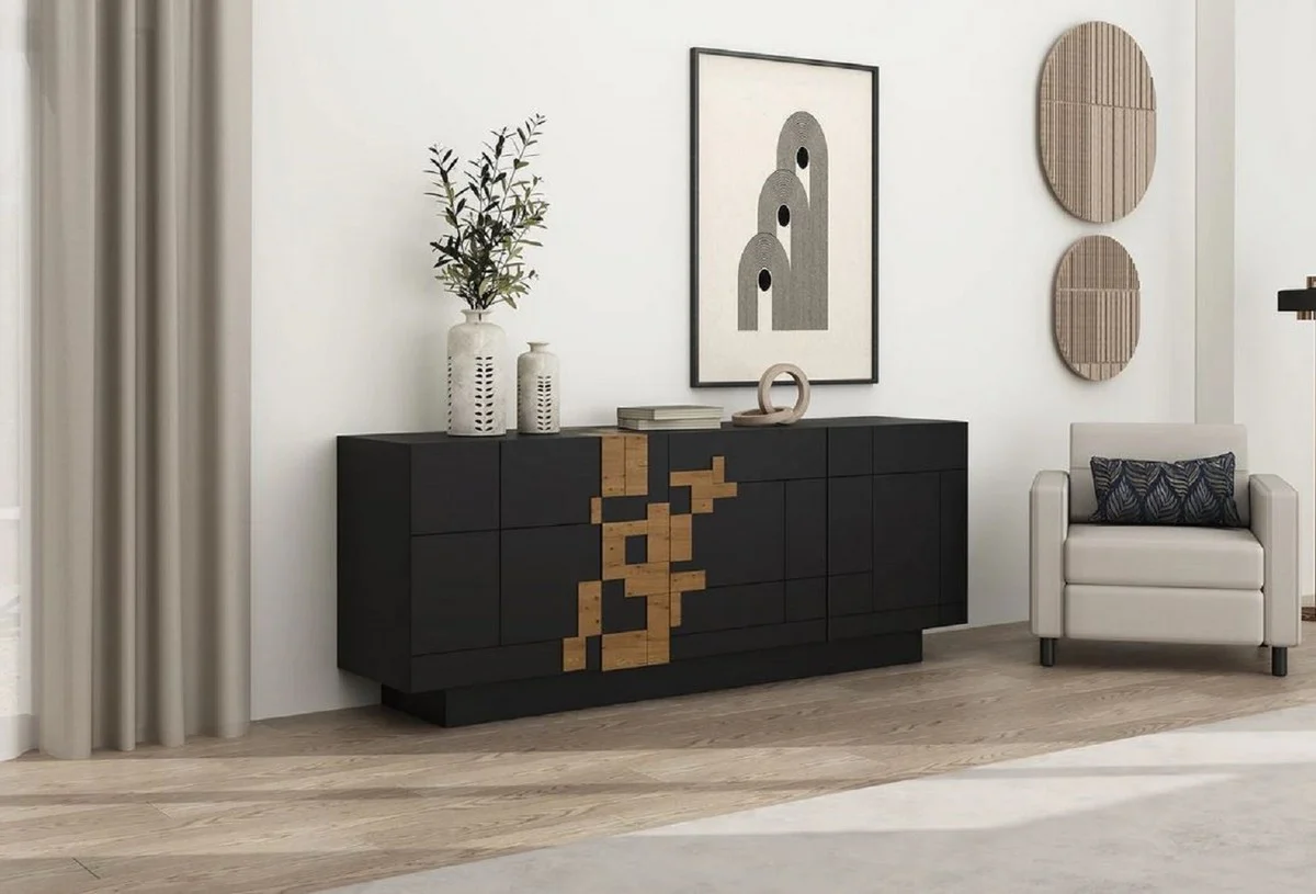 Casa Padrino aparador de lujo negro / marrón 220 x 50,8 x A. 85 cm - Armario de madera maciza con 4 puertas - Muebles de madera maciza - Muebles de lujo - Interiores de lujo