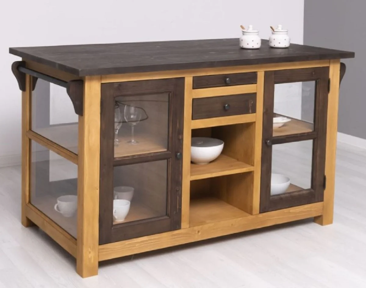 Casa Padrino isla de cocina de estilo campestre marr¨®n / natural 150 x 90 x A. 90 cm - Gabinete de cocina de madera maciza - Mueble de comedor de madera maciza estilo campestre